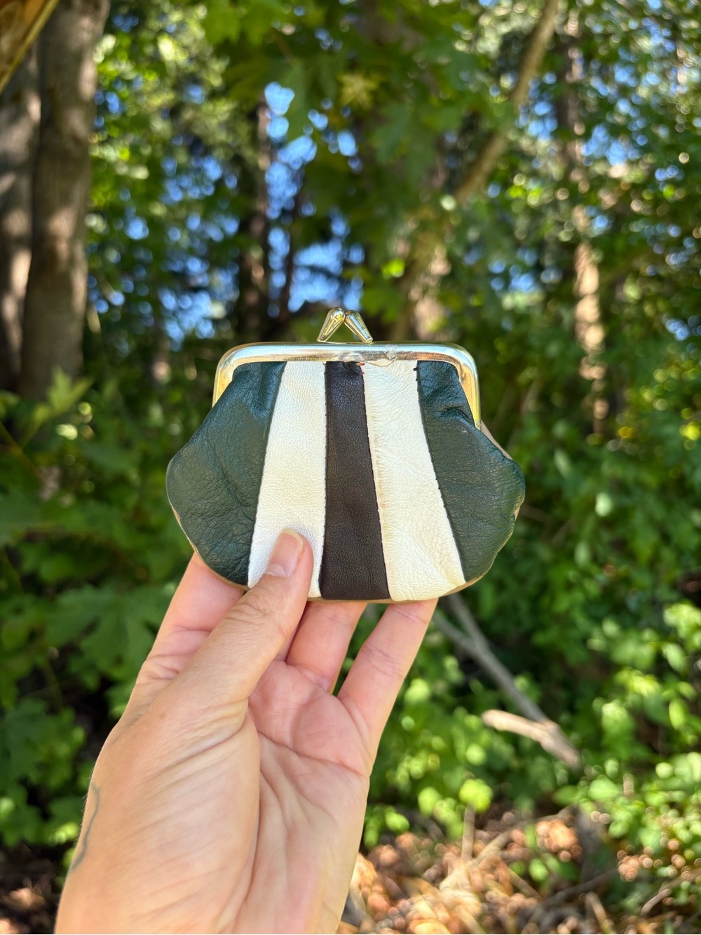Striped Green, White & Black Leather Coin Purse